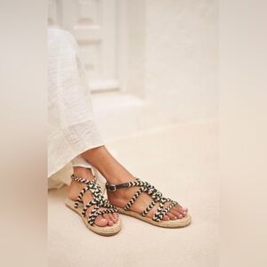 NIB Manebi Yucatán Jute Rope Braided Espadrille Sandals Black & Cream Size 10 40